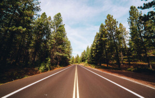 Wide angle view of an open road with trees on either side.