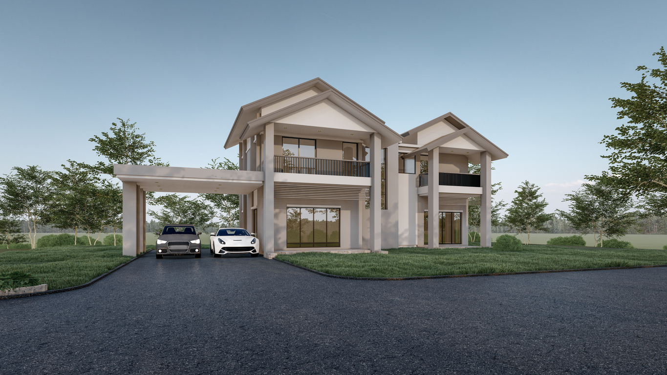 3d rendering illustration of modern minimal house design with natural view and asphalt road